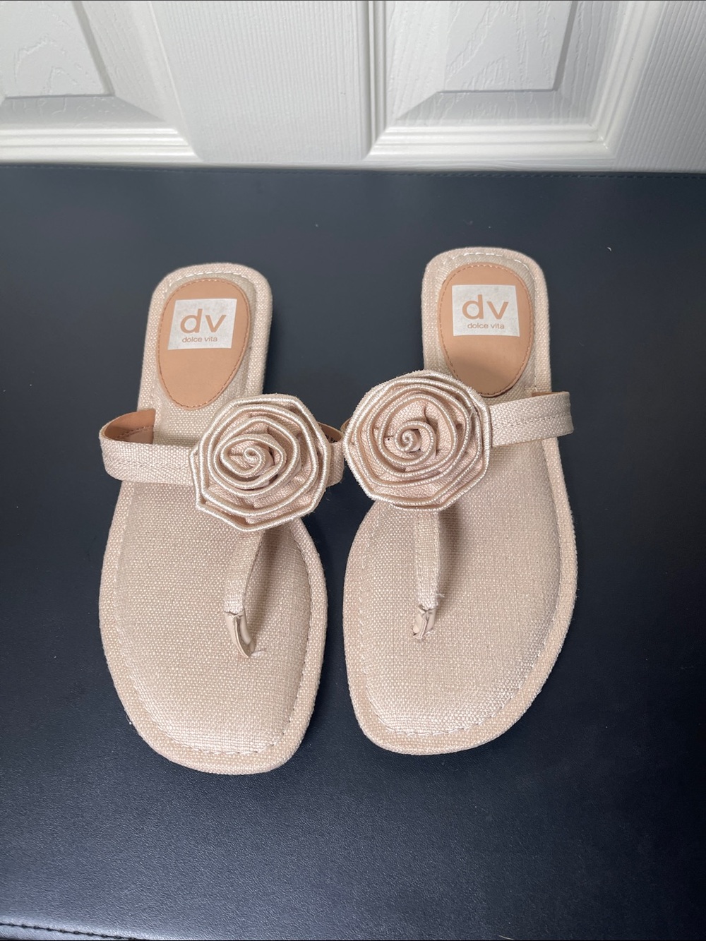 Dolce Vita Rose-Accent Beige Thong Sandals